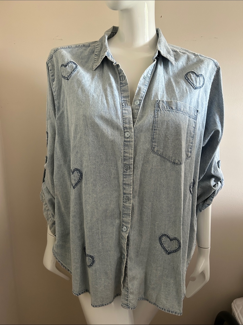 Jane and Delancey Light Blue Denim Button-Down Shirt with Heart Embroidery
